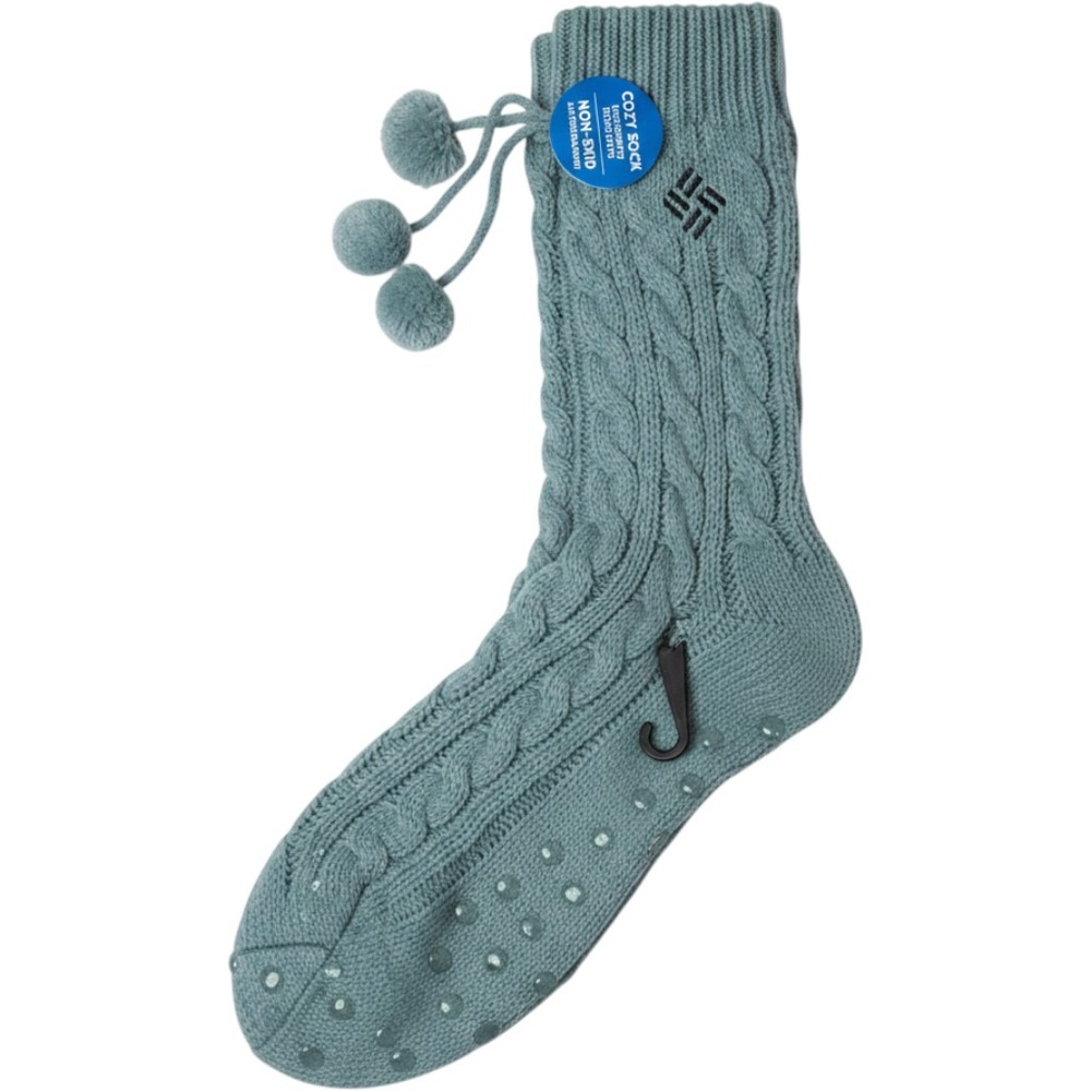Columbia‎ Womens Cable Knit Cozy Slipper Socks Blue Pom Pom Non-Skid Gripper